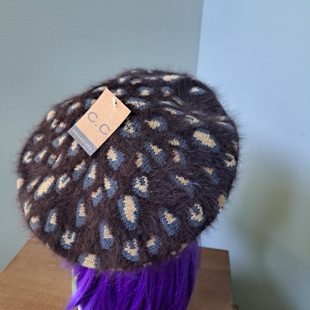 C.C Brown/Grey/Cream Cony Hair And Wool Blend Animal Print Hat/Beret - Picture 5 of 7